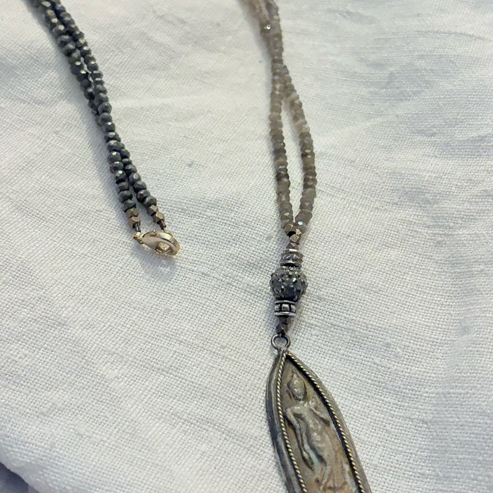 Elegant Buddha Pyrite and Laboradite Pendant Necklace with diamond ball charm